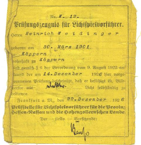 Prüfungszeugnis für Lichtspielvorführer Heinrich Weidinger
